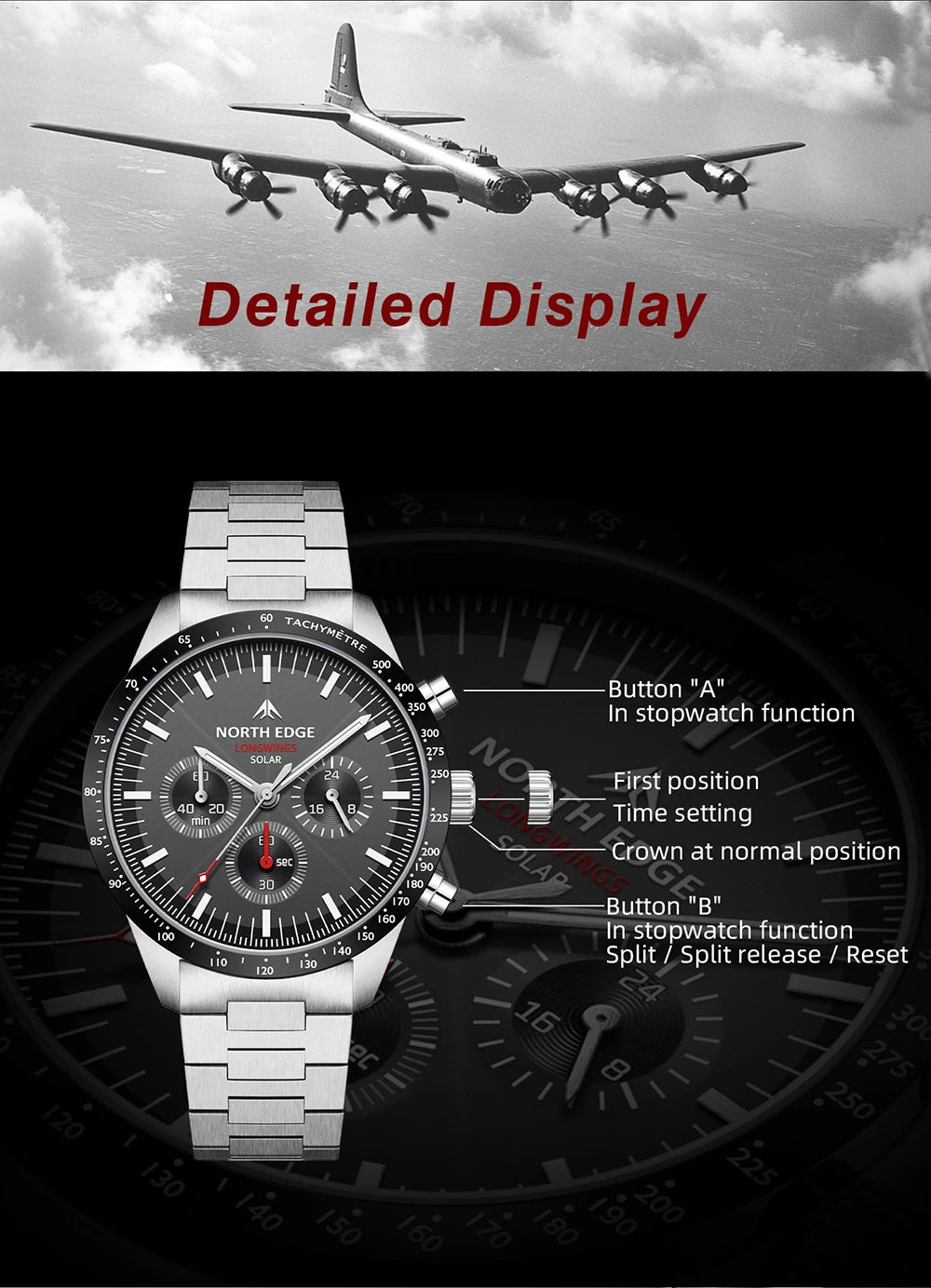 NORTH EDGE 2025 LONGWINGS Men Quartz Watch Solar Powered Stopwatch Waterproof 50M 316 Full Stainless Steel Luminous Pilot Watch
