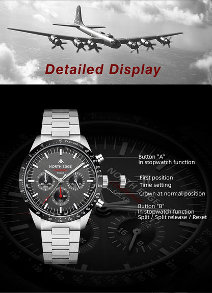 NORTH EDGE 2025 LONGWINGS Men Quartz Watch Solar Powered Stopwatch Waterproof 50M 316 Full Stainless Steel Luminous Pilot Watch