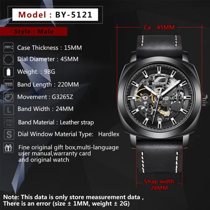 BENYAR Watch for Men Luxury Skeleton Tourbillon Automatic Mechanical Men's Watch 30M Waterproof Leather Strap Sports Reloj Hombre