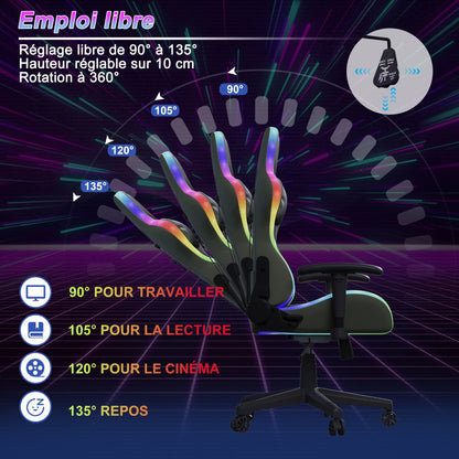 Gaming Chair, Ergonomic Gaming Chair with LED, Adjustable Computer Chair for Teenagers, Lumbar Cushion, Gamer Chair, Black