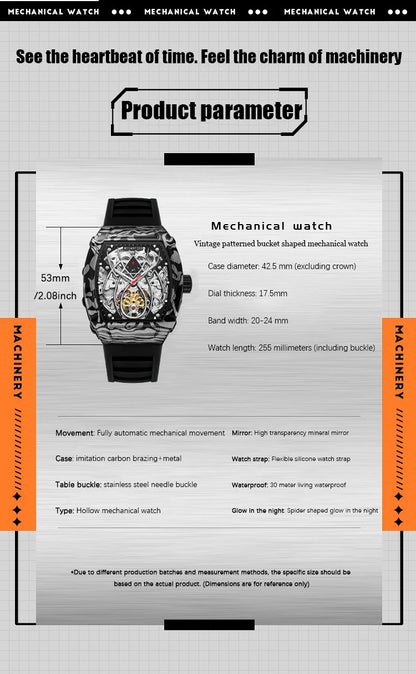 MUSANFIGO automatic hollow mechanical watch, barrel shaped fashionable men's trendy watch, luminous waterproof watch
