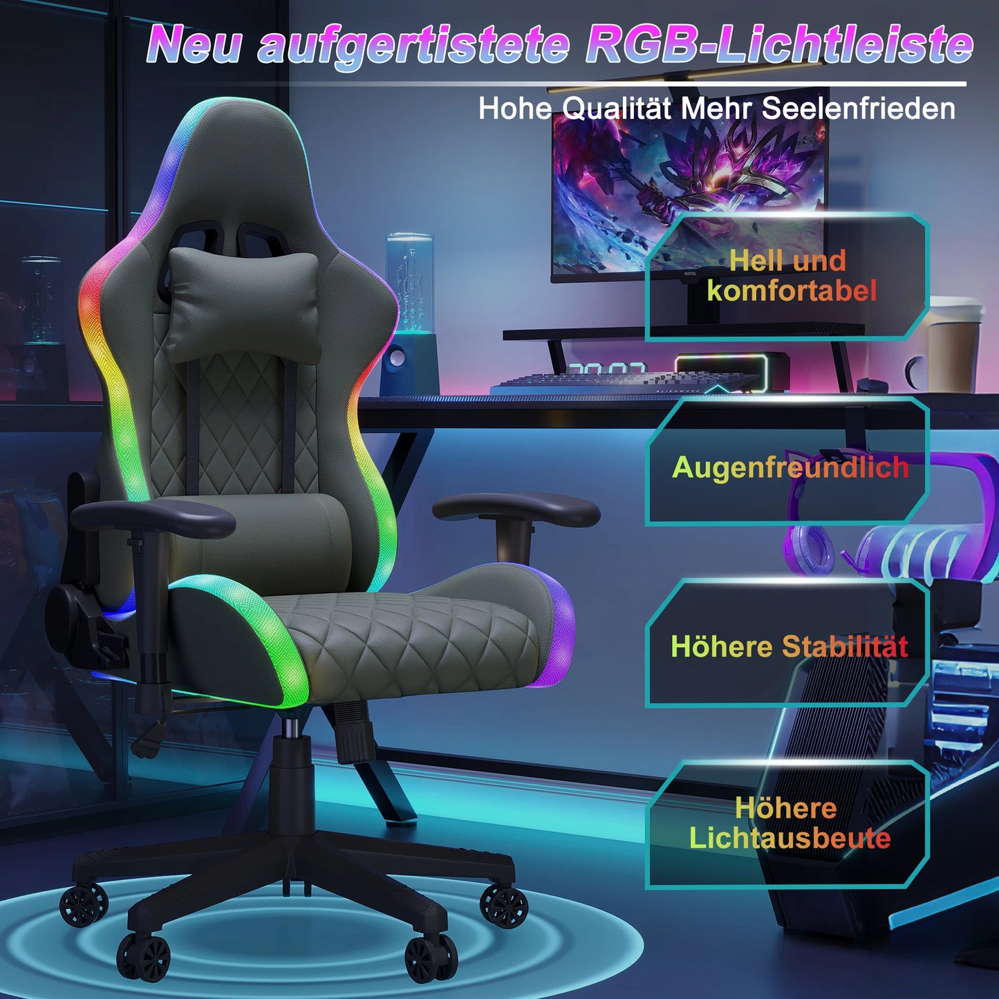 Gaming Chair, Ergonomic Gaming Chair with LED, Adjustable Computer Chair for Teenagers, Lumbar Cushion, Gamer Chair, Black