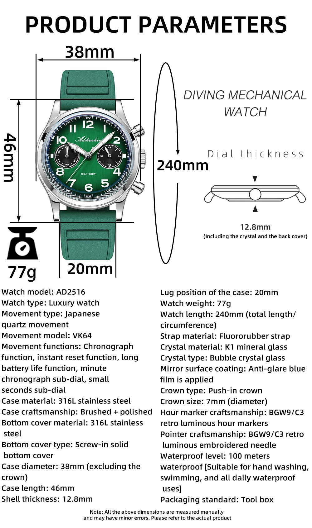 ADDIESDIVE Hot Sale Watch For Men VK64 Chronograph 10Bar Waterproof AD2516 Super Luminous Bubble Mirror Glass Quartz Steel Watch