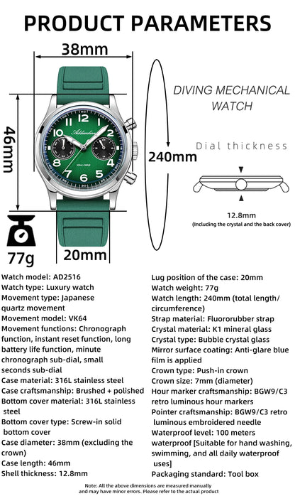 ADDIESDIVE Hot Sale Watch For Men VK64 Chronograph 10Bar Waterproof AD2516 Super Luminous Bubble Mirror Glass Quartz Steel Watch