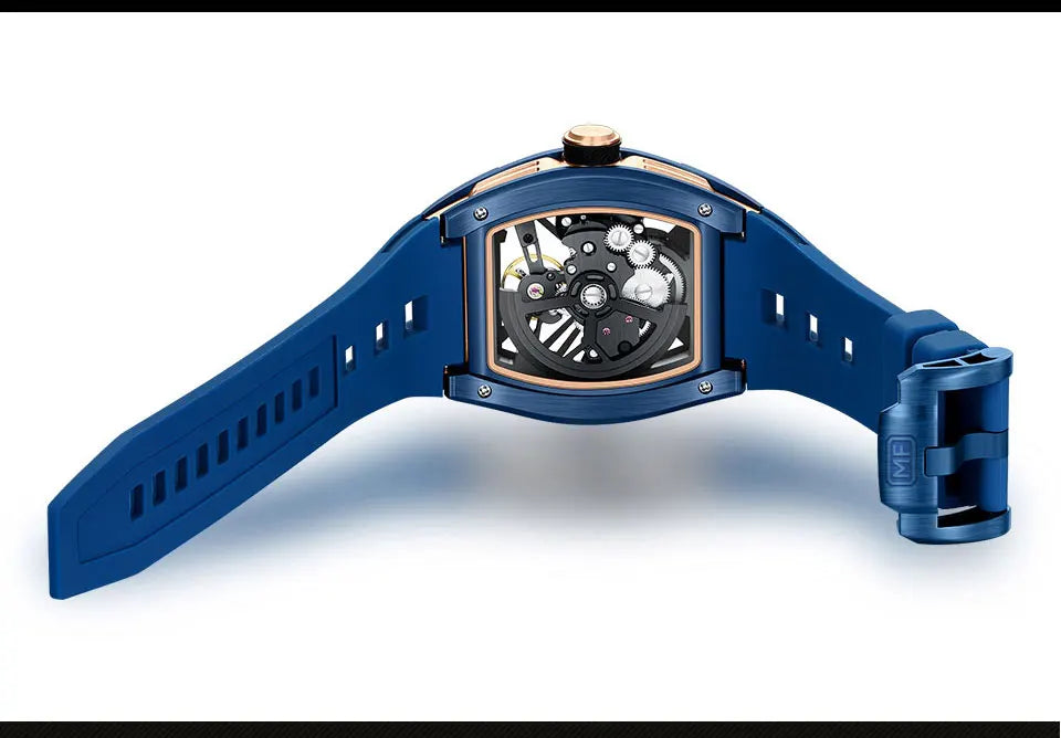 MINI FOCUS Orologio da polso da uomo fashion nero impermeabile, automatico meccanico, con lancette luminose, cinturino in silicone e quadrante tonneau