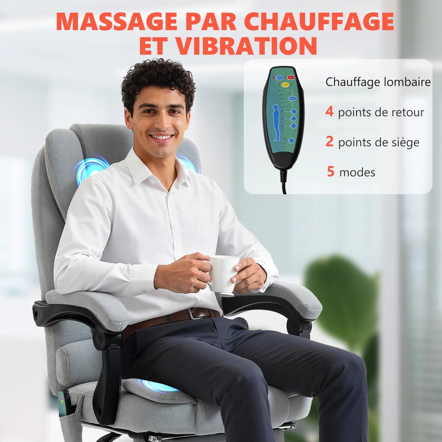 Massage- und beheizter Bürostuhl, Bürostuhl, höhenverstellbar, verstellbare Rückenlehne, 65x70x111-119cm, grau