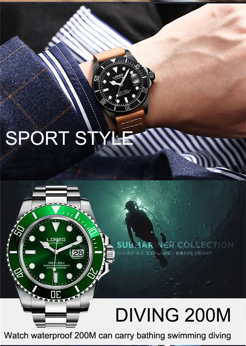 LOREO Original Men's Business Watch 20ATM Waterproof Wristwatch Top Brand Casual Sport Seagull Automatic Mechanical Watch Men
