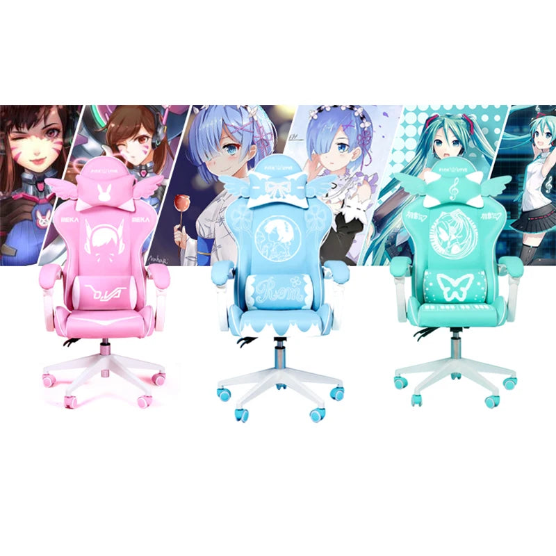 Pink Cartoon Electric Sound Gaming Chair, Rotating Office Chair with Adjustable Height, Latex Cushion, 360° Swivel Computer Chair for Home & Study