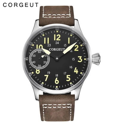 Corgeut 44mm Leather Luminous Mechanical Hand Winding Watch For Men 17 Jewels ST3600 Seagull 6497 Movement Sport Wristwatches