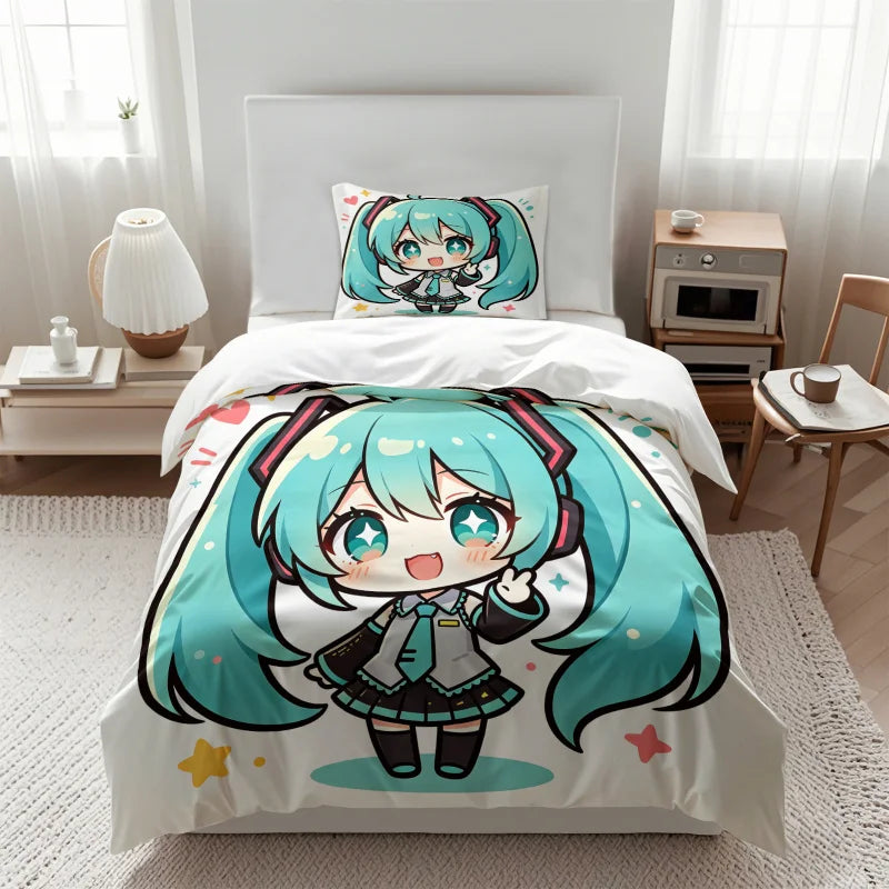 Hatsune Miku Chibi Style påslakanset – Söt anime-sängklädsel med örngott – Spelrum – Tonåringars och barns sovrumsinredning – Present till fans