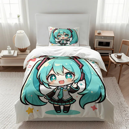 Hatsune Miku Chibi Style påslakanset – Söt anime-sängklädsel med örngott – Spelrum – Tonåringars och barns sovrumsinredning – Present till fans