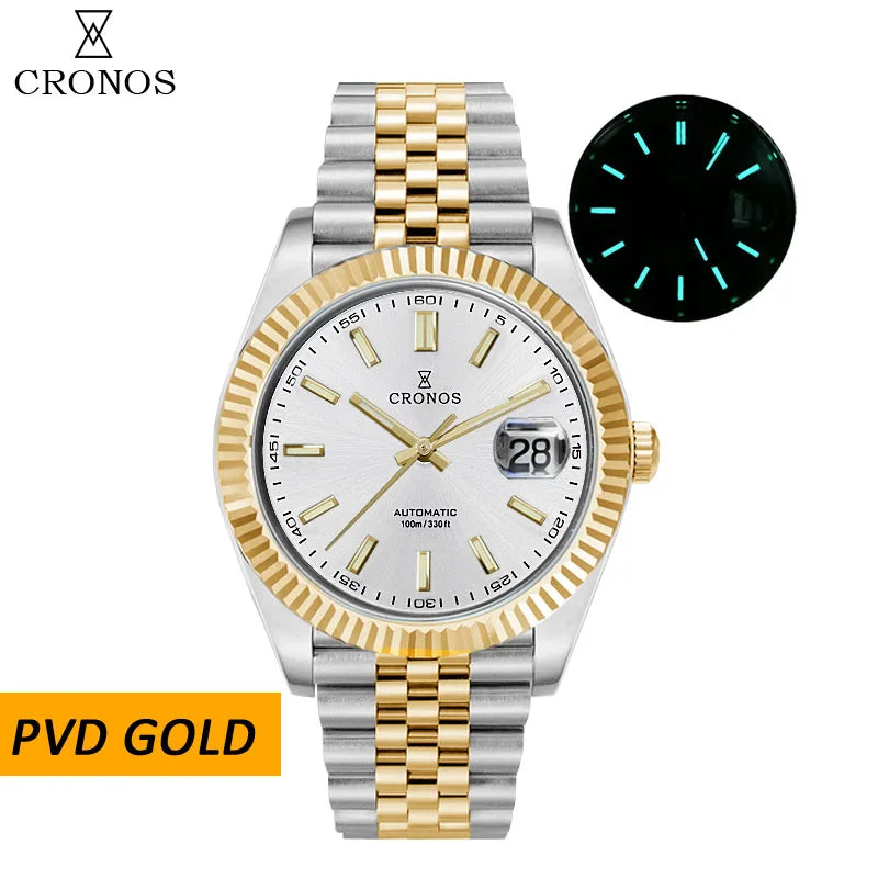 Cronos DateJ Luxury Men Watch Stainless Steel 5 Links Bracelet PT5000 Miyot 9015 100m Water Resistant Sapphire L6046M