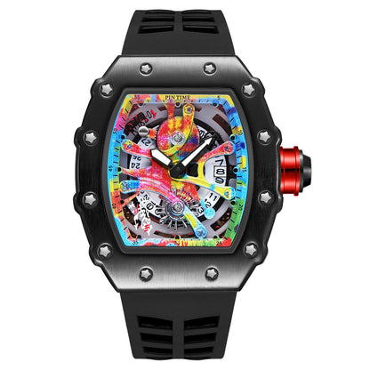 New Cool Men's Watches Luxury Fashion Silicone Tonneau Watch Skeleton Waterproof Quartz Wristwatches Clock Relogio Masculino