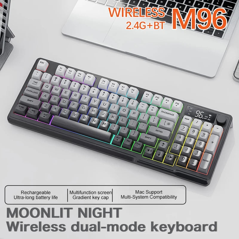 FreeWolf M96 Wireless Keyboard with Screen, Gaming Keyboard Bluetooth Dual-Mode Connection, Multi-Device Linking, Ergonomic