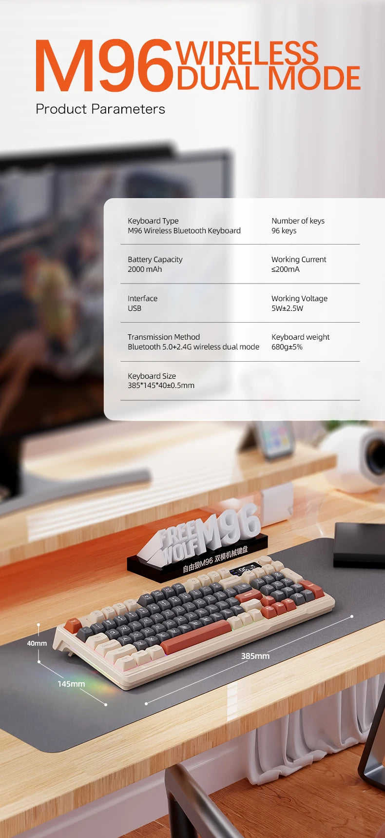 FreeWolf M96 Wireless Keyboard with Screen, Gaming Keyboard Bluetooth Dual-Mode Connection, Multi-Device Linking, Ergonomic