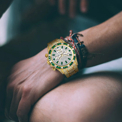 Hot Fashion Green Watches Men Brand UNIGUET Luxury Stainless Steel Hip Hop Rainbow Diamond Quartz Wristwatch Male Dropshipping ﻿
