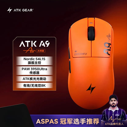 ATK Dragonfly A9 kabellose Bluetooth-Gaming-Maus, ergonomisches Design, schnelle Reaktion, PAW3950 Ultra, 800mAh, leicht, 8KHz, E-Sports