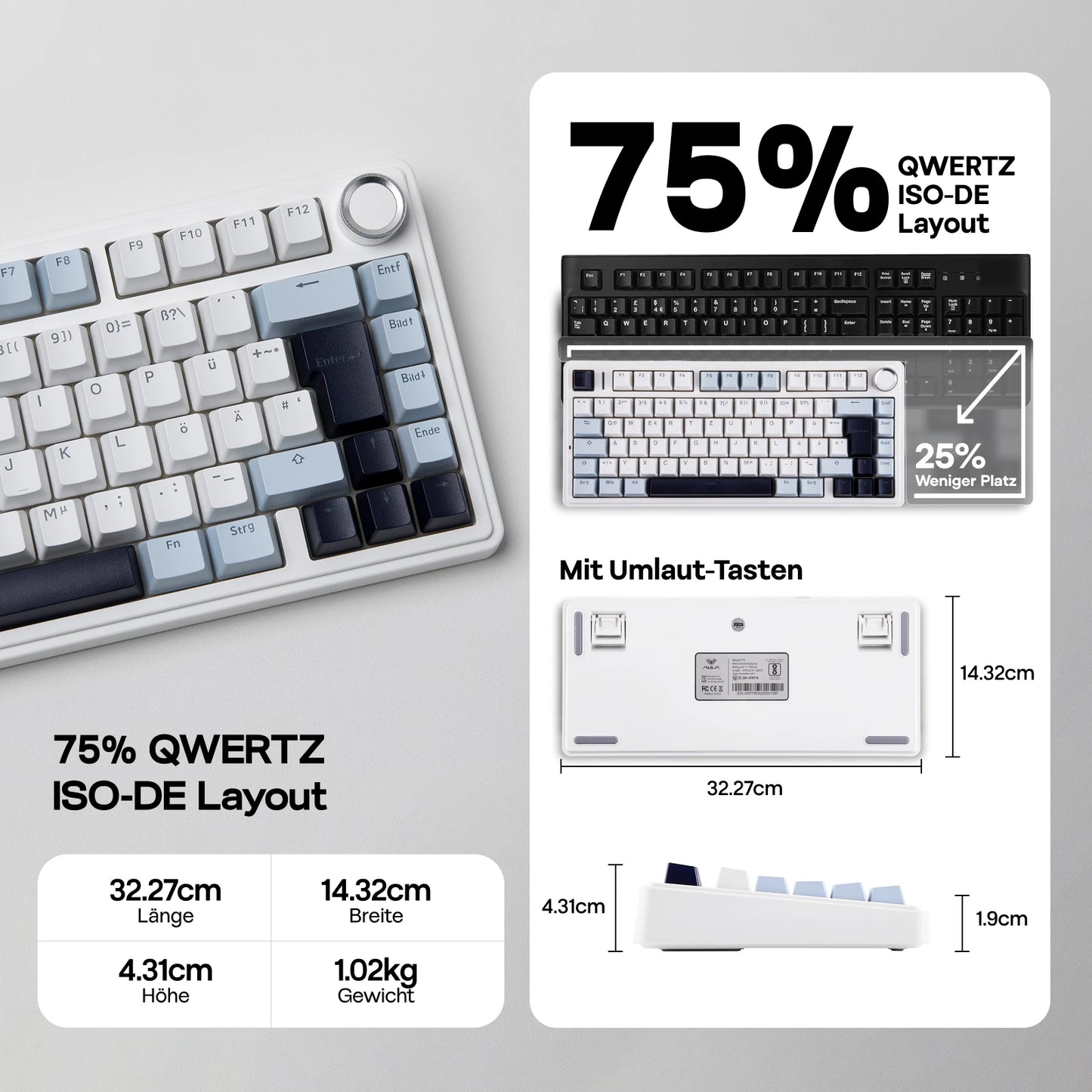 Tastiera meccanica wireless EPOMAKER x AULA F75 ISO-DE con connettività tri-mode, layout tedesco QWERTZ e batteria da 4000 mAh