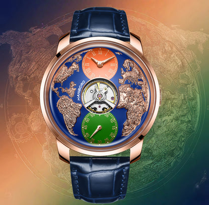 HANBORO World Time Series Men's Fully Automatic Mechanical Watch with Hollow Flywheel World Earth Personality Watch 1026