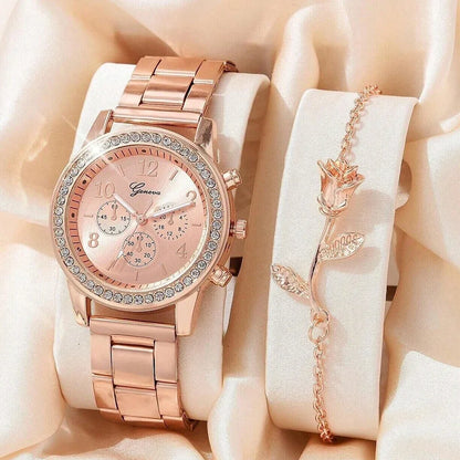 5PCS Quartz Watch Set Women Fashion Silver Round 3 Eyes Alloy Strap Wristwatch Gift Rhinestone Watch For Women Jewelry Set