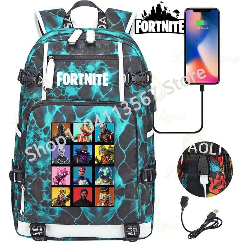 Mochila Red Jade F-Fortnited Battle Royale com carregamento USB, figuras anime e compartimento para material escolar para estudantes
