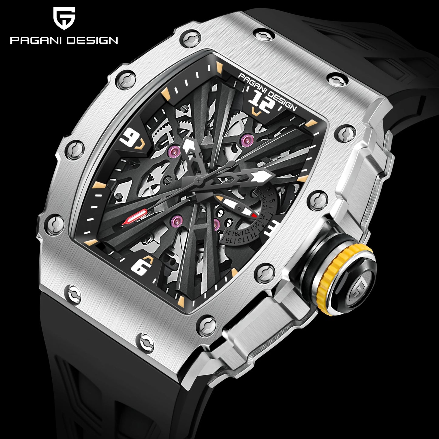 2026 Neue PAGANI DESIGN Herren-Quarzuhr VH65-Uhrwerk, Skeleton-Zifferblatt, 100M wasserdicht, sportliche rechteckige Uhr mit Saphirglas für Herren