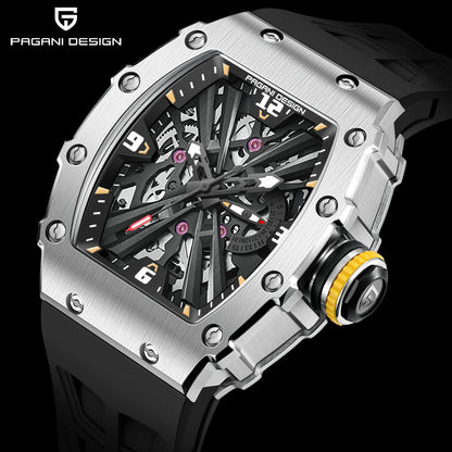 2026 Neue PAGANI DESIGN Herren-Quarzuhr VH65-Uhrwerk, Skeleton-Zifferblatt, 100M wasserdicht, sportliche rechteckige Uhr mit Saphirglas für Herren