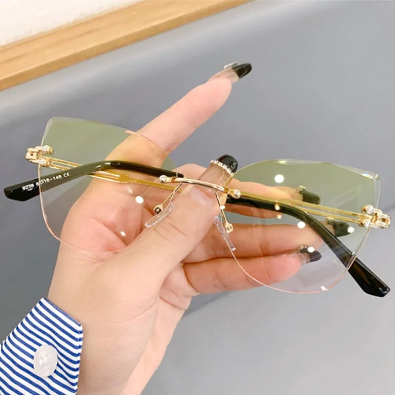 KLASSNUM Vintage Rimless Sunglasses Women Men Cat Eye Gradient Lens Sun Glasses UV400 Shades Protection Goggles for Party Xmas