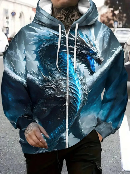 Men's Dragon Print Zipper Hoodie Outdoor Activities Travel Drawstring Long Sleeve Hoodies Autumn Winter Oversize Man Sweatshirts