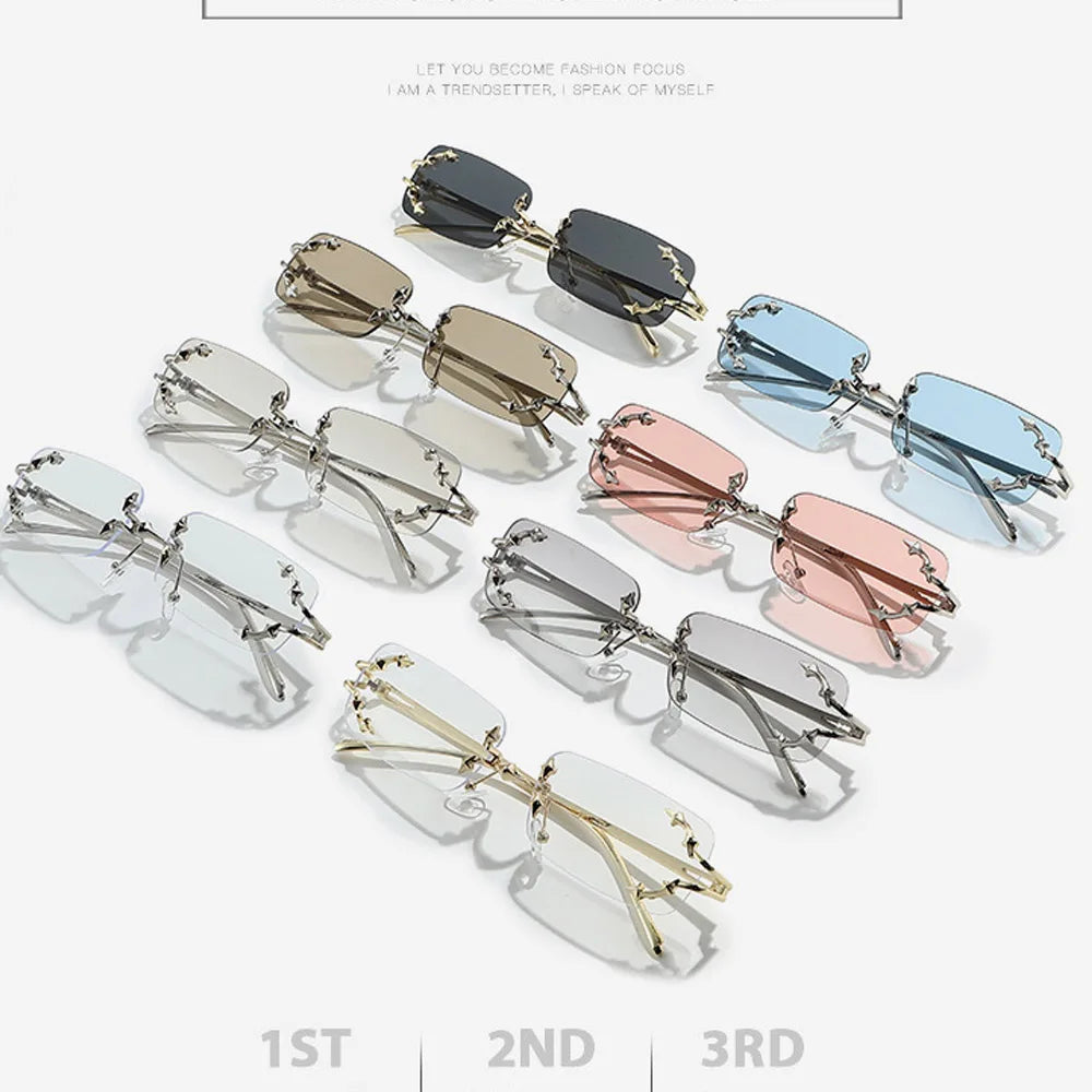 Y2K Rimless Square Star Sunglasses for Women Fashion Vintage Silver Hip Hop Driving UV400 Eyewear Alloy Frame Outdoor Men Punk
