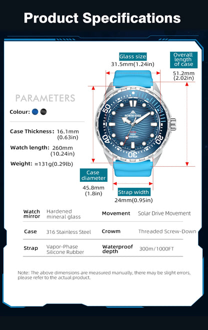 NORTH EDGE 2025 New TRITON Solar Powered Dive Watch Men Luxury Quartz Watches For Men 316L Stainless Steel Case Waterproof 300M