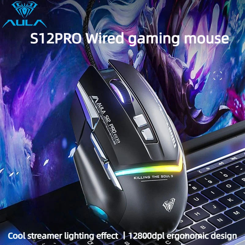 Ratón mecánico con cable AULA S12Pro 1000HZ 12800DPI RGB de baja latencia con macros configurables para esports, accesorios gaming para PC