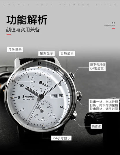 Men's Business Watch Mechanical Movement Multifunction Chronograph Stainless Steel Waterproof Automatic Calendar Sapphire
