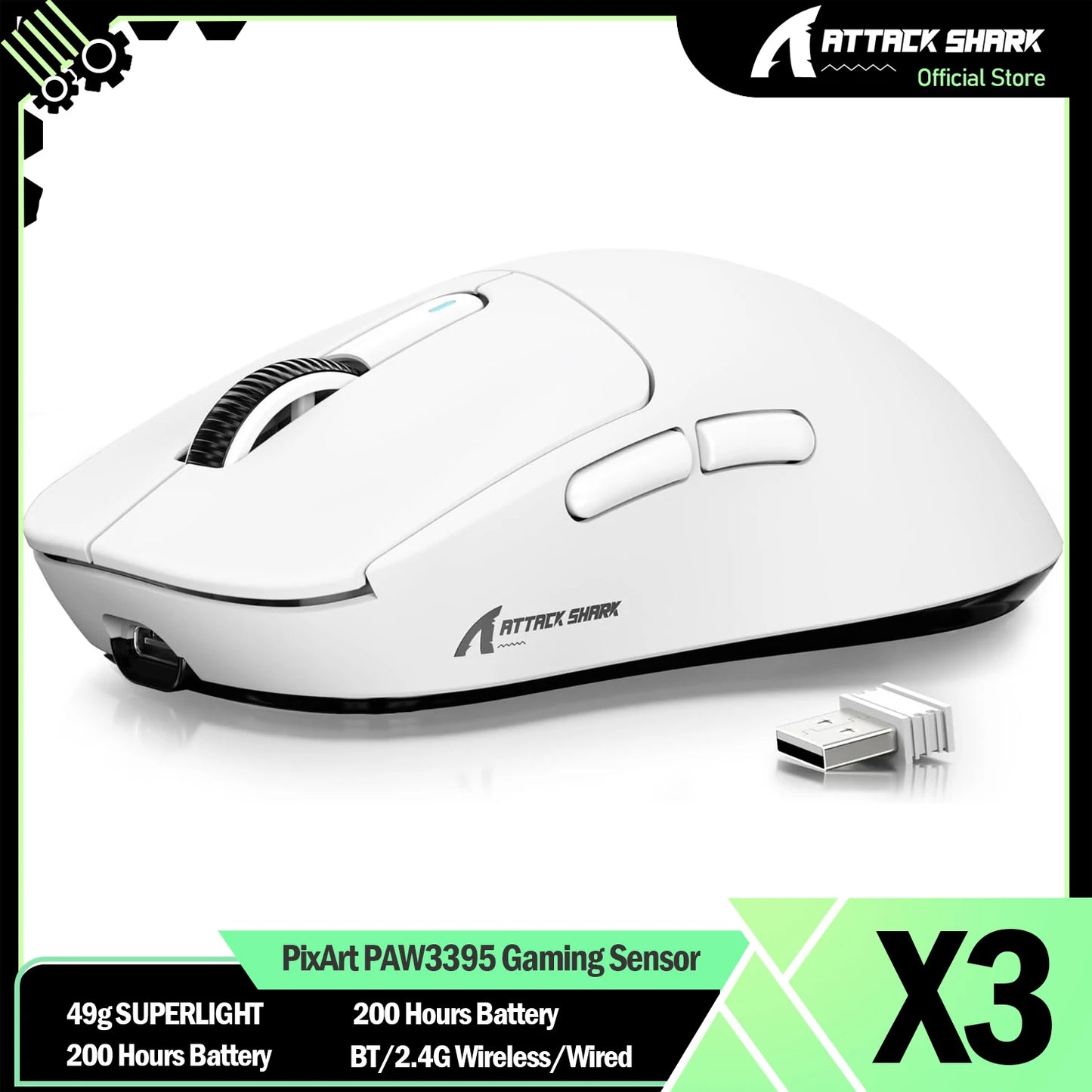 Ratón gaming inalámbrico ATTACK SHARK X3 PixArt PAW3395 49g SUPERLIGHT, BT/2.4G inalámbrico/con cable, 6 DPI ajustables hasta 26000