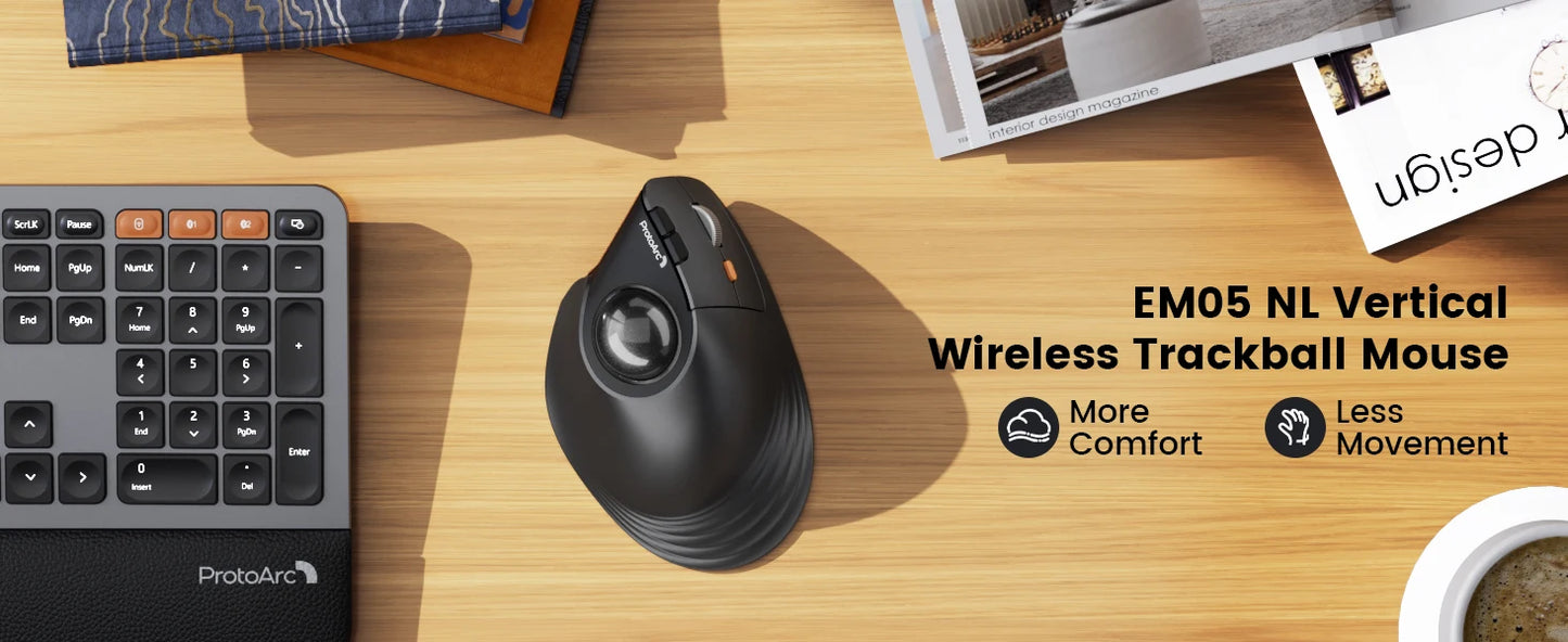 ProtoArc EM05NL Ratón trackball inalámbrico recargable Bluetooth ergonómico vertical con bola para ordenador, iPad, Mac y Windows
