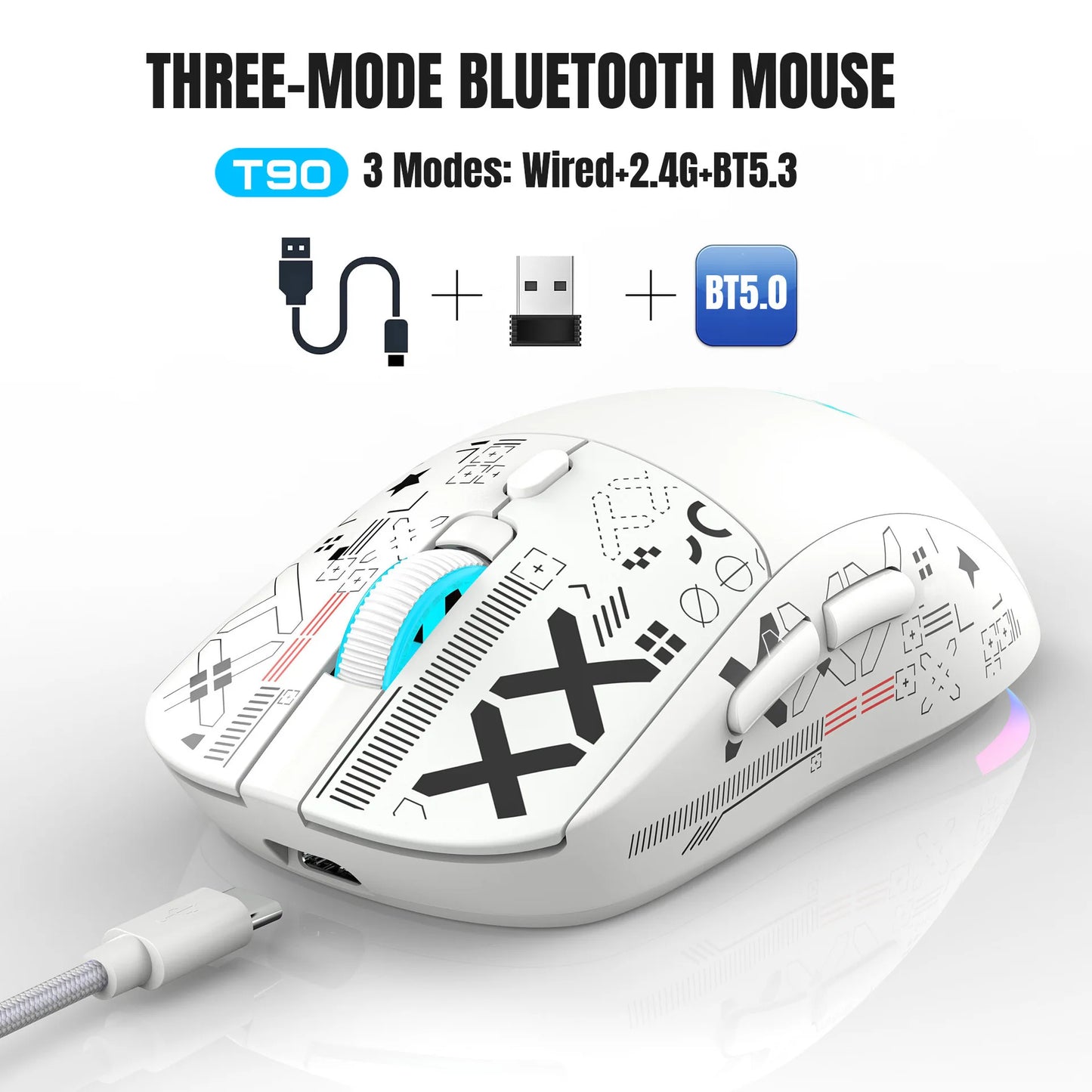 3 režimų „Bluetooth“ žaidimų pelė, įkraunama, 2.4G USB belaidė RGB apšvietimo pelė, skirta „iPad“, planšetiniam kompiuteriui, nešiojamajam kompiuteriui ir kompiuteriui