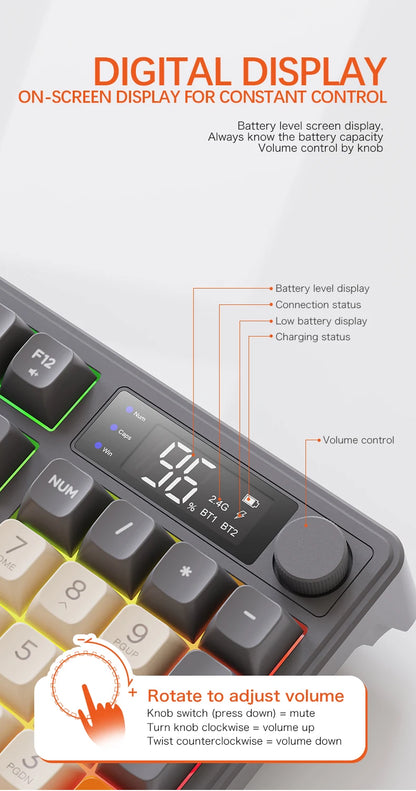 Tastiera wireless Bluetooth M96 FREEWOLF con display digitale, retroilluminazione RGB, batteria da 2000mAh e keycap PBT per PC/laptop