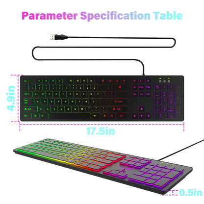 Tastiera da gaming per computer retroilluminata RGB silenziosa, tastiera cablata USB per ufficio e casa, russo, francese, spagnolo, tedesco, arabo, inglese