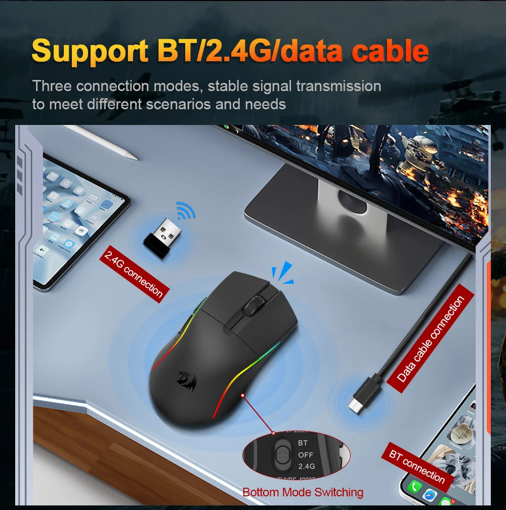 Mouse gaming REDRAGON DEICIDE M816 PRO RGB USB cu suport Bluetooth 2.4G wireless, 26000 DPI, 6 butoane pentru gameri, mouse cu fir pentru computer