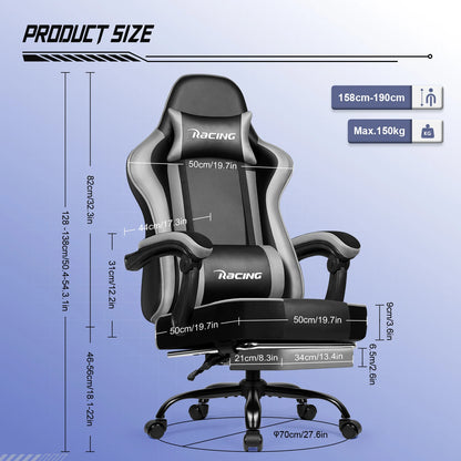 Daccormax Ergonomic Gaming Chair with Footrest, Reclining 170°, PU Leather Racing Chair with Lumbar Support and Headrest