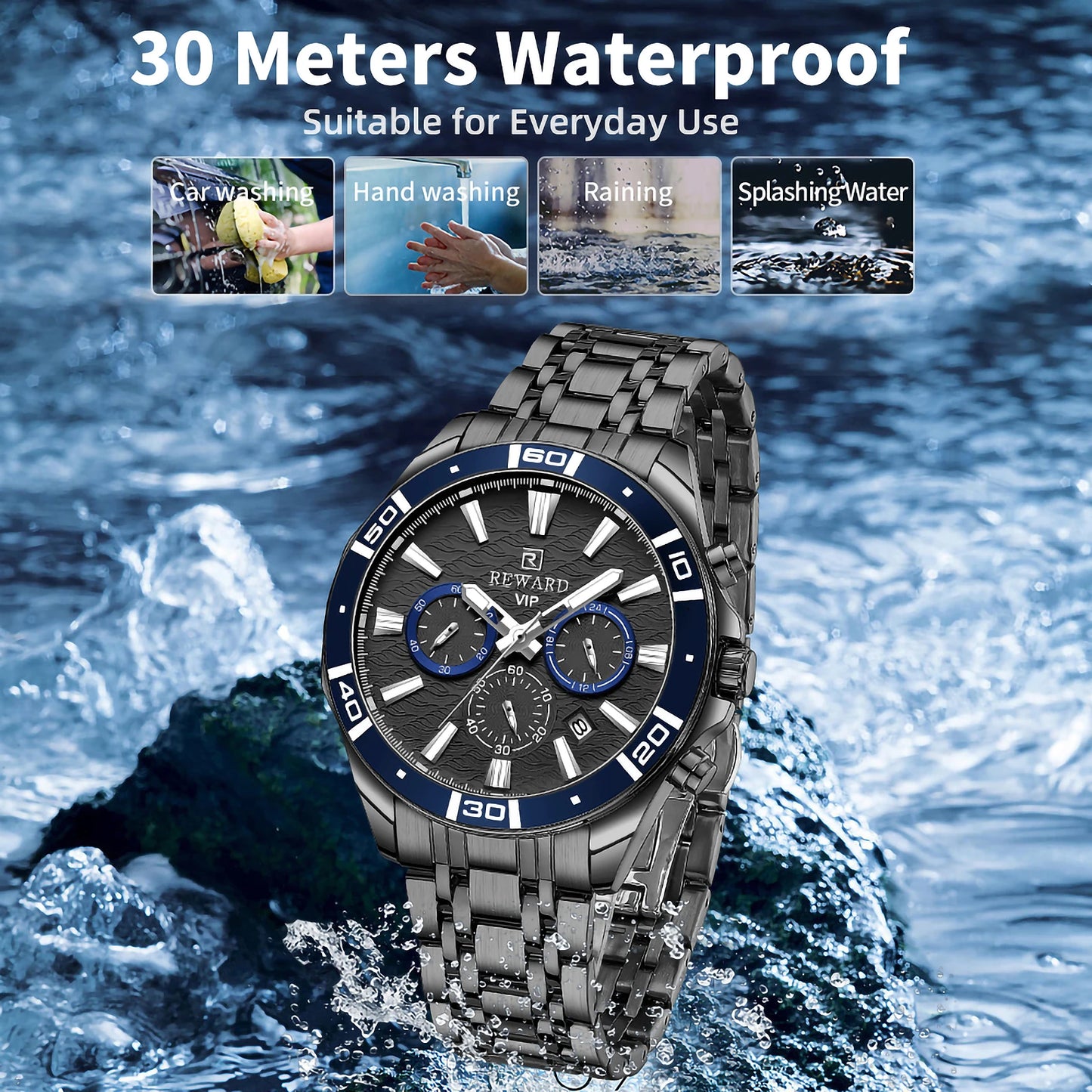 REWARD Mens Watches Waterproof  Luminous Quartz Wristwatch Business Stainless Steel Strap with gift box