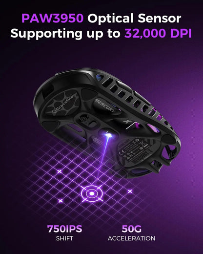 GravaStar Mercury X Wireless Gaming Mouse – 32,000 DPI PAW 3950 Sensor, 1000Hz Polling Rate, Only 49g, Magnesium Alloy Hollow Frame