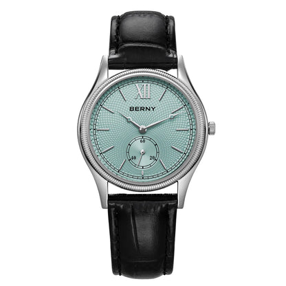 BERNY Men's Watches Luxury Classic Stylish Dress Quartz Watch Slim Stainless Steel Case Elegance Leather Strap Wristwatch