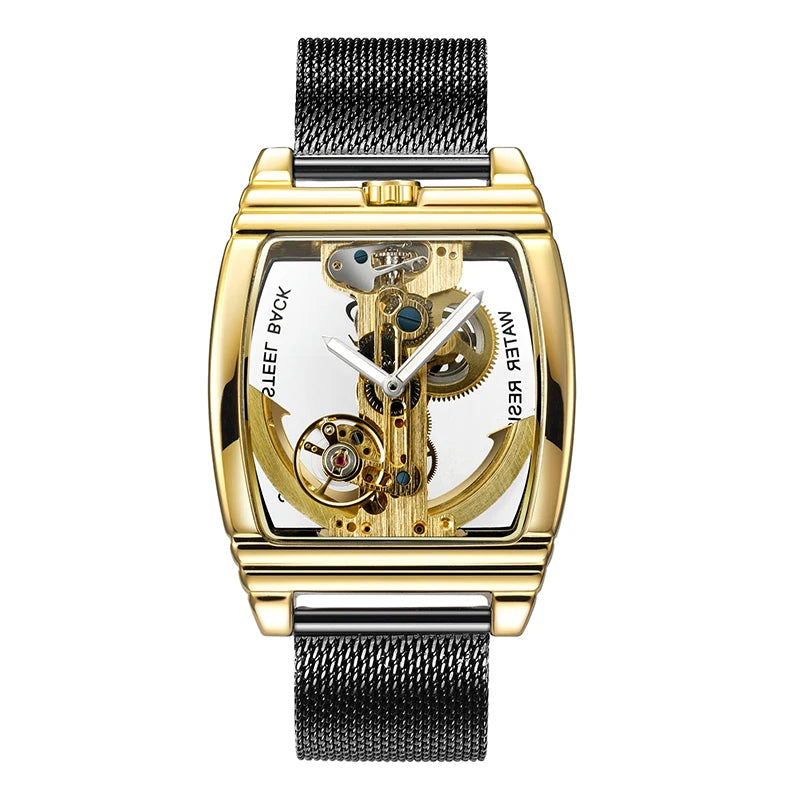 SHENHUA Mens Watches Top Brand Luxury Automatic Mechanical Transparent Skeleton Bridge Watch Leather Belt Wristwatch Male Clock