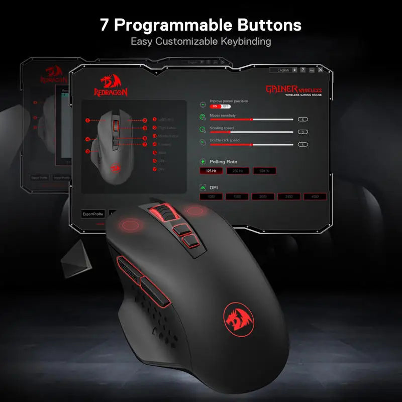 Mouse da gaming wireless Redragon M656 Gainer, 4000 DPI, 2.4Ghz, mouse gamer wireless con 5 livelli DPI, 7 pulsanti macro, retroilluminazione LED rossa