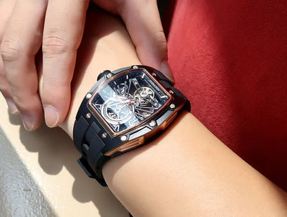 MINI FOCUS Orologio da polso da uomo fashion nero impermeabile, automatico meccanico, con lancette luminose, cinturino in silicone e quadrante tonneau