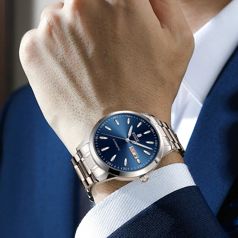 RUIGE Weekly Calendar Men's Fully Automatic Mechanical Watch Stainless Steel Business Men's Night Light Waterproof Versatile Wat