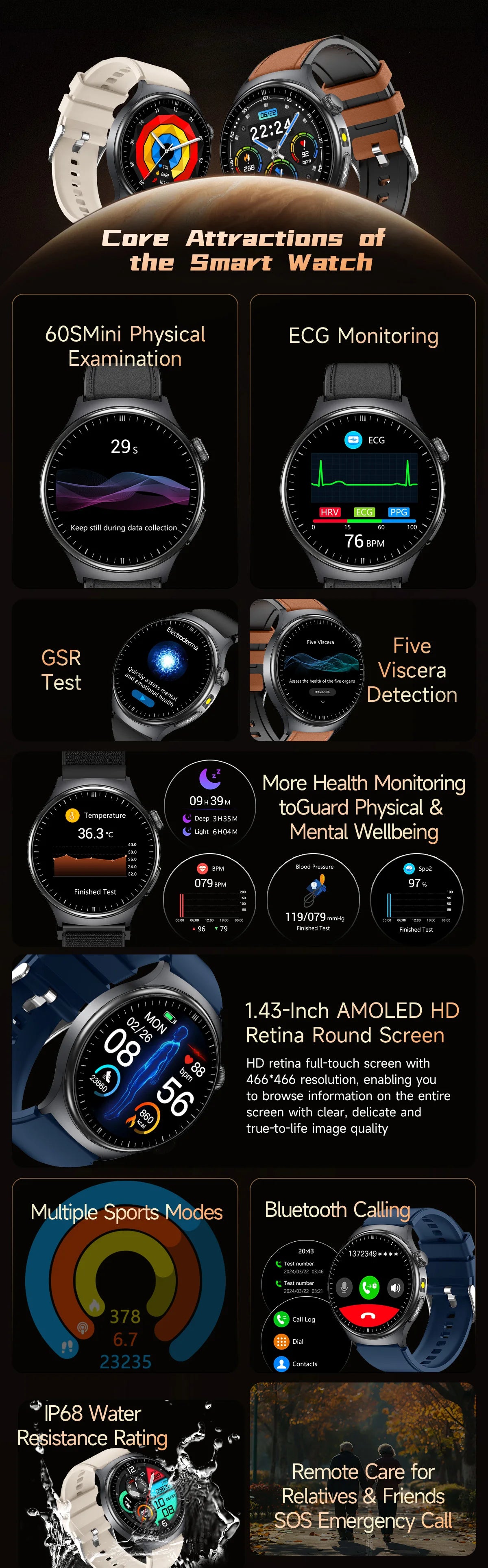 2026 AI Health Smartwatch ECG + PPG, Blood Pressure, Uric Acid & Body Fat Monitoring, AMOLED Display & Bluetooth Calling