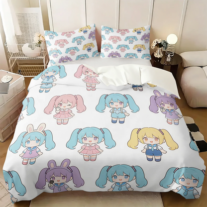Hatsune Miku Chibi Style påslakanset – Söt anime-sängklädsel med örngott – Spelrum – Tonåringars och barns sovrumsinredning – Present till fans