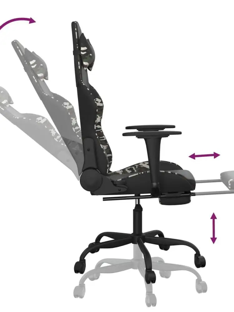 Gaming Chair with Footrest Black and Camouflage 66X56X120.5-131 cm in Imitation Leather, Reclining 360° Swivel Can Carry 110 kg